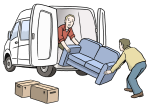 Ein weißer Lieferwagen, dessen Kofferraum geöffnet ist. Zwei Personen tragen ein blaues Sofa in den Lieferwagen. Daneben stehen Umzugskartons.