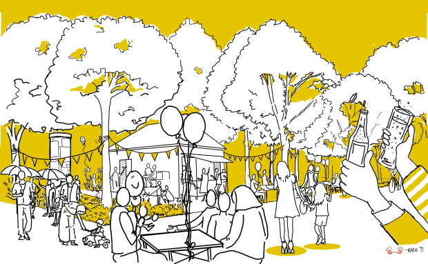 Eine gelb weiße Grafik mit einer Comic-Abbildung. Die Personen feiern ein Fest unter Bäumen