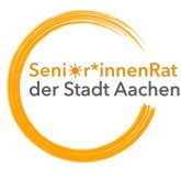 Das Logo des Senior*innenrates Aachen mit gelber und schwarzer Schrift, das "O" durch eine Sonne ersetzt mit einem gelben Kreis als Pinselstrich, der alles umkreist.