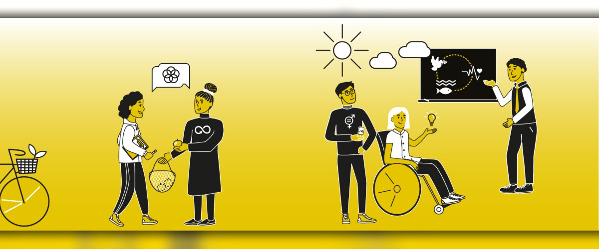 Gezeichnete gelbe Menschen, die miteinander interagieren