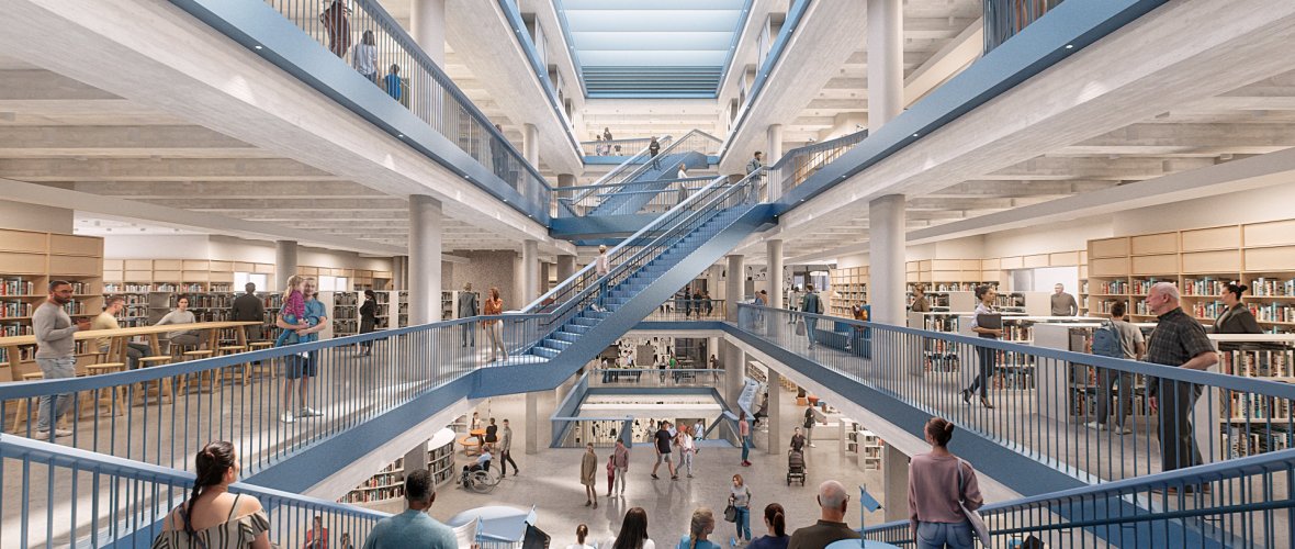 Haus der Neugier, Perspektivansicht 2. Obergeschoss Stockwerk übergreifender Blick in ein offenes Atrium mit Treppen, Menschen und Bücherregalen