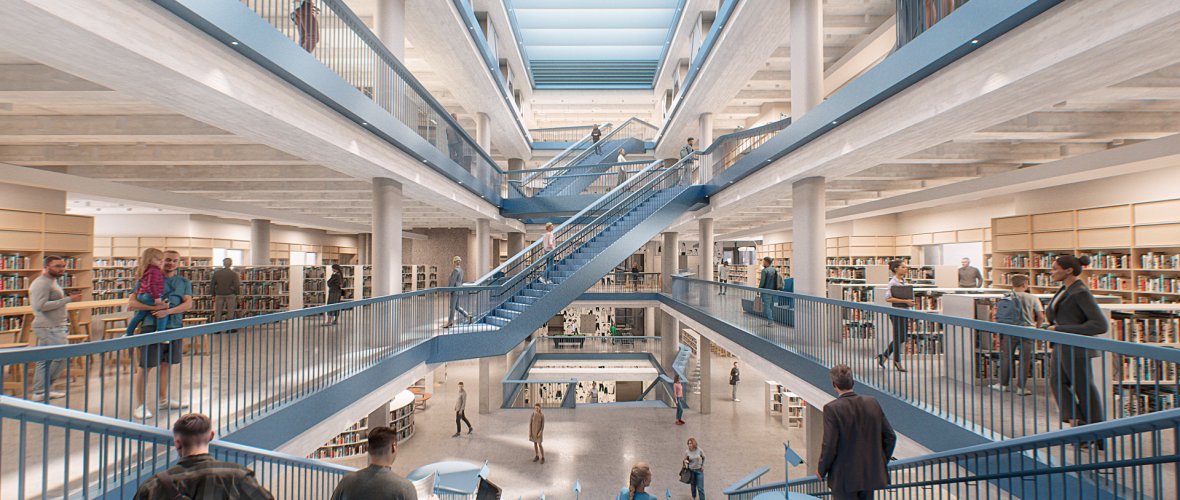 Haus der Neugier, Perspektivansicht 2. Obergeschoss Stockwerk übergreifender Blick in ein offenes Atrium mit Treppen, Menschen und Bücherregalen