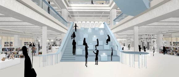 Blick in den Raum des Haus der Neugier mit Treppe, Menschen und Bücherregalen