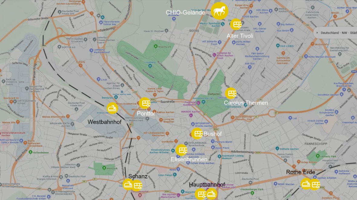 Karte mit Haltestellen in Aachen