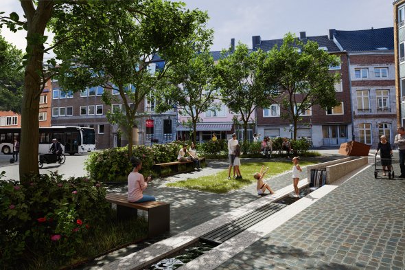 Rendering der Bachoffenlegung an der Jakobsstraße mit spielenden Kindern