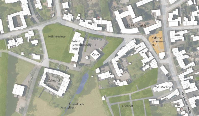 Luftbild mit Übersicht der Maßnahmen in der Ortsmitte Richterich