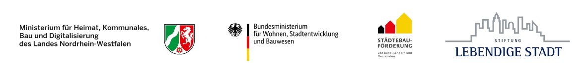 Logos der Förderer: Bundesministerium, Ministerium, Städtebauförderung und Anpassung urbaner und die Stiftung Lebendige Stadt