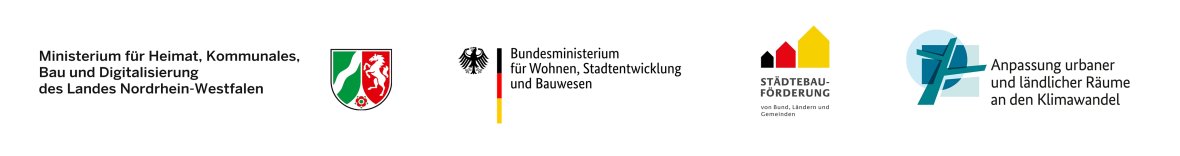 Logos der Förderer: Bundesministerium, Ministerium, Städtebauförderung und Anpassung urbaner und ländlicher Räume an den Klimawandel