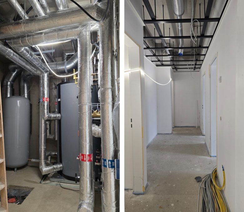 Links im Bild der Technikraum, rechts die Abhangdecke im Personalbereich. 