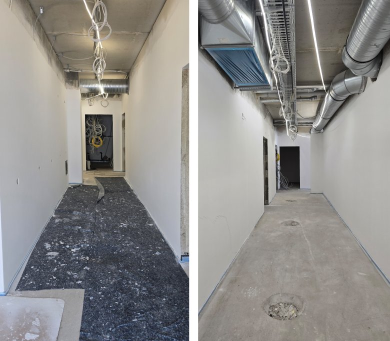 Gespachtelte Wände und Technikeinbauten unter der Decke