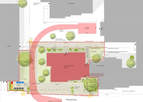Inda_Gymnasium_G9_Lageplan_Jägersküpper_2025 Lageplan des Erweiterungsbaus inkl. Freiraumplanung.