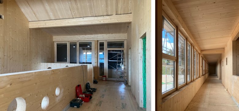 Die Fenster im Bereich der Spielflure wurden montiert.