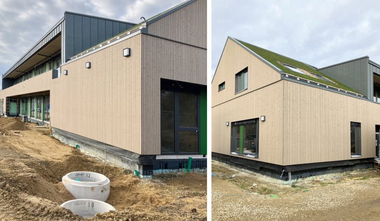 Die Kanalarbeiten haben begonnen und nach dem Abbau des Gerüstes ist der Blick auf die vordere Giebelfassade frei.