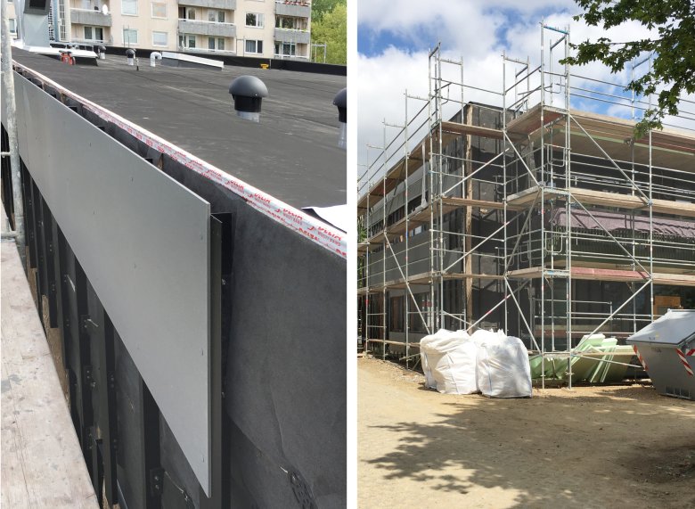 Die Montage der Fassade hat begonnen.