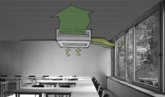 Funktionsskizze eines dezentralen Lüftungsgerätes in einem Klassenraum