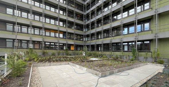 Dach- und Fassadenbegrünung auf dem Dach des Foyers und der Parkgarage.