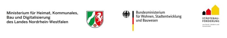 Förderhinweis des Bundesministeriums für Wohnen, Stadtetnwicklung und Bauwesen, sowie der Städtebauförderung und des Ministeriums für Heimat, Kommunales, Bau und Digitalisierung des Landes Nordrhein-Westfalen.