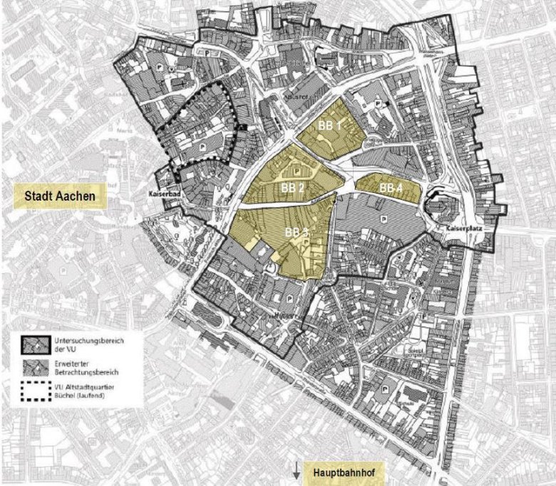 Karte des Untersuchungsbereiches mitden vier Schwerpunkten