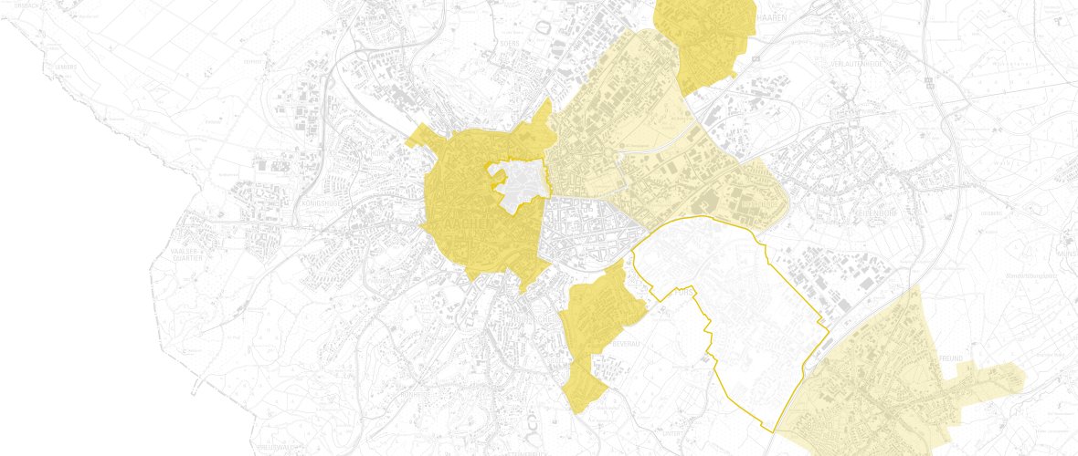 Grafische Markierung der geförderten Stadtviertel in Aachen