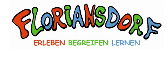 Das Logo des Floriansdorfes Aachen zeigt den bunten Schriftzug:" Floriansdorf. Erleben. Begreifen.Lernen".