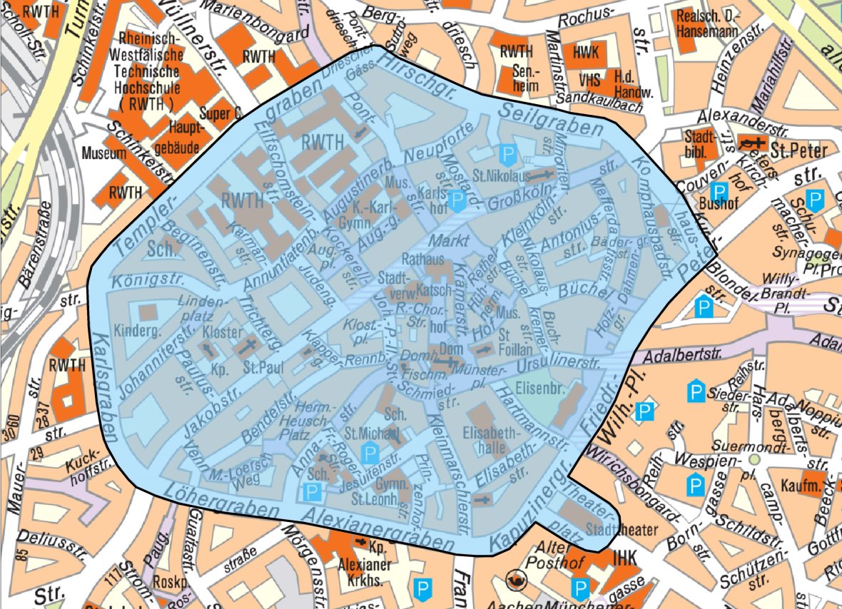 Karte der Stadt Aachen mit dem Geltungsbereich des Feuerwerksverbots markiert