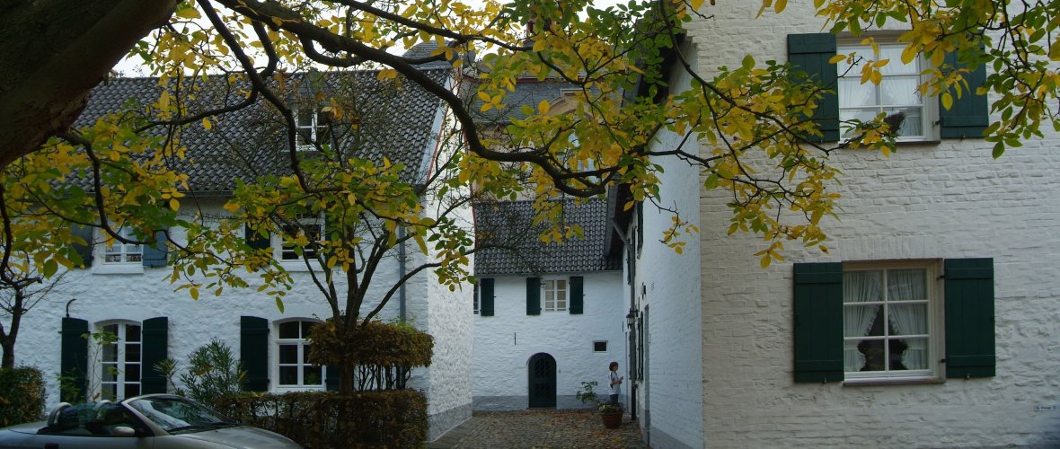 Das Haus Kamp mit weißer Fassade und grünen Fensterläden. Ein großer Laubbaum ragt in den Vordergrund des Bildes.