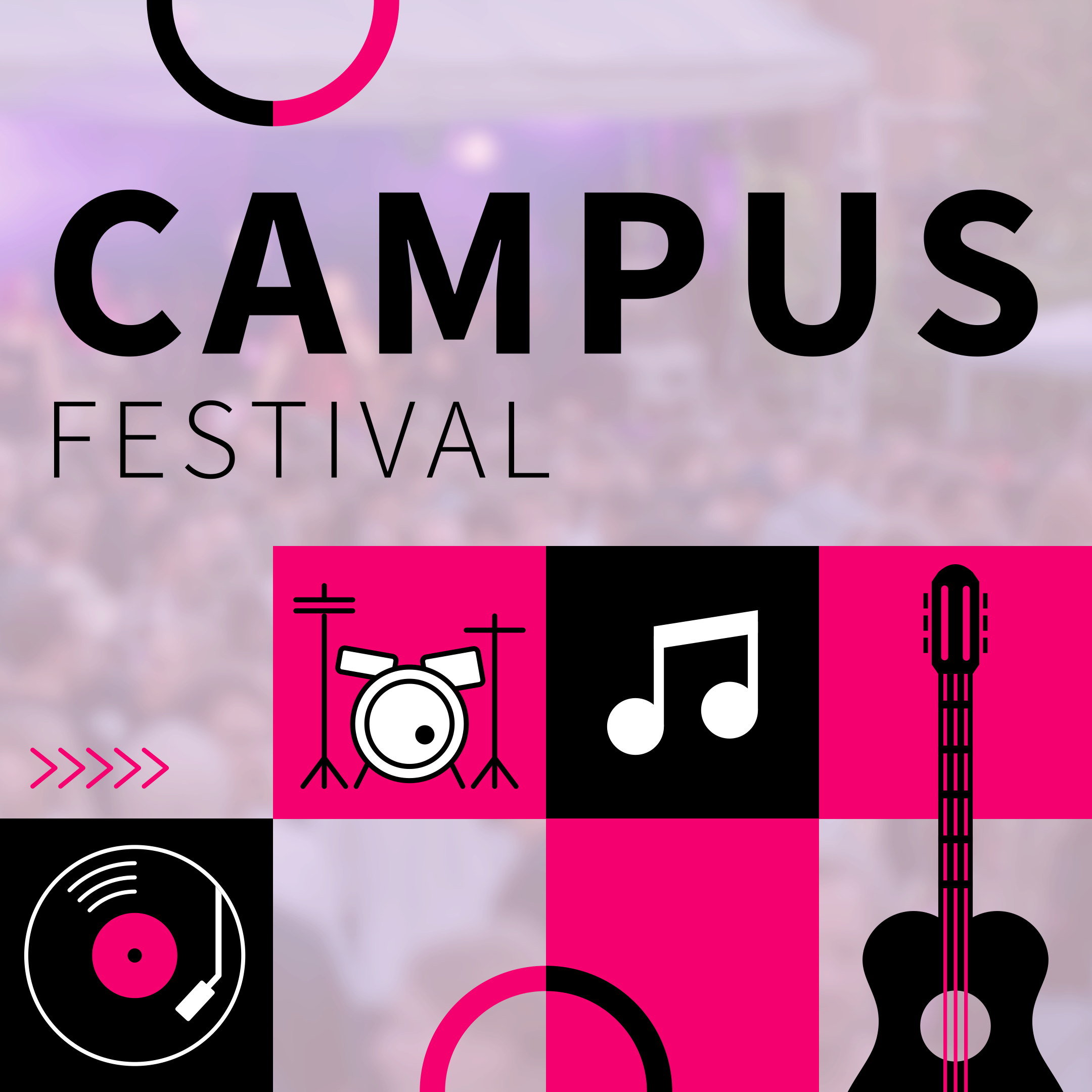 Logo Campus Festival: Pinke und Schwarze Kacheln mit weißem Notenschlüssel und Schlagzeug.