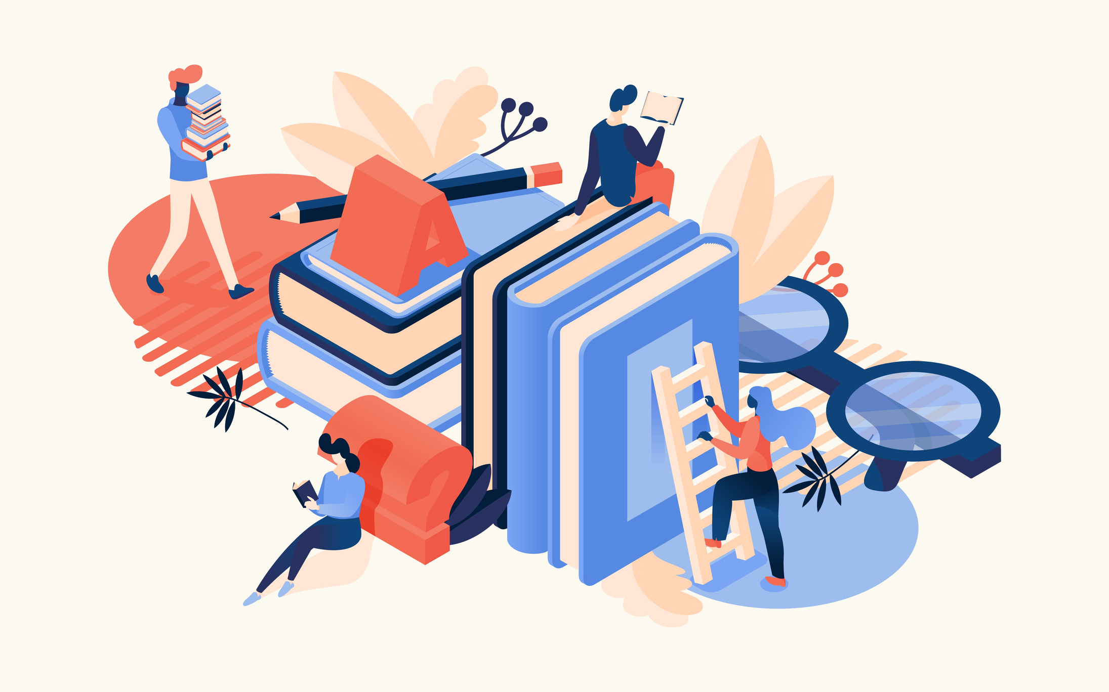 Vector isometric scene with large books, glasses, letter a and reading people. Drawn with bright orange and blue colors educative isolated on background concept illustration. Vector isometric scene with large books, glasses, letter a and reading people. Drawn with bright orange and blue colors educative isolated on background concept illustration.