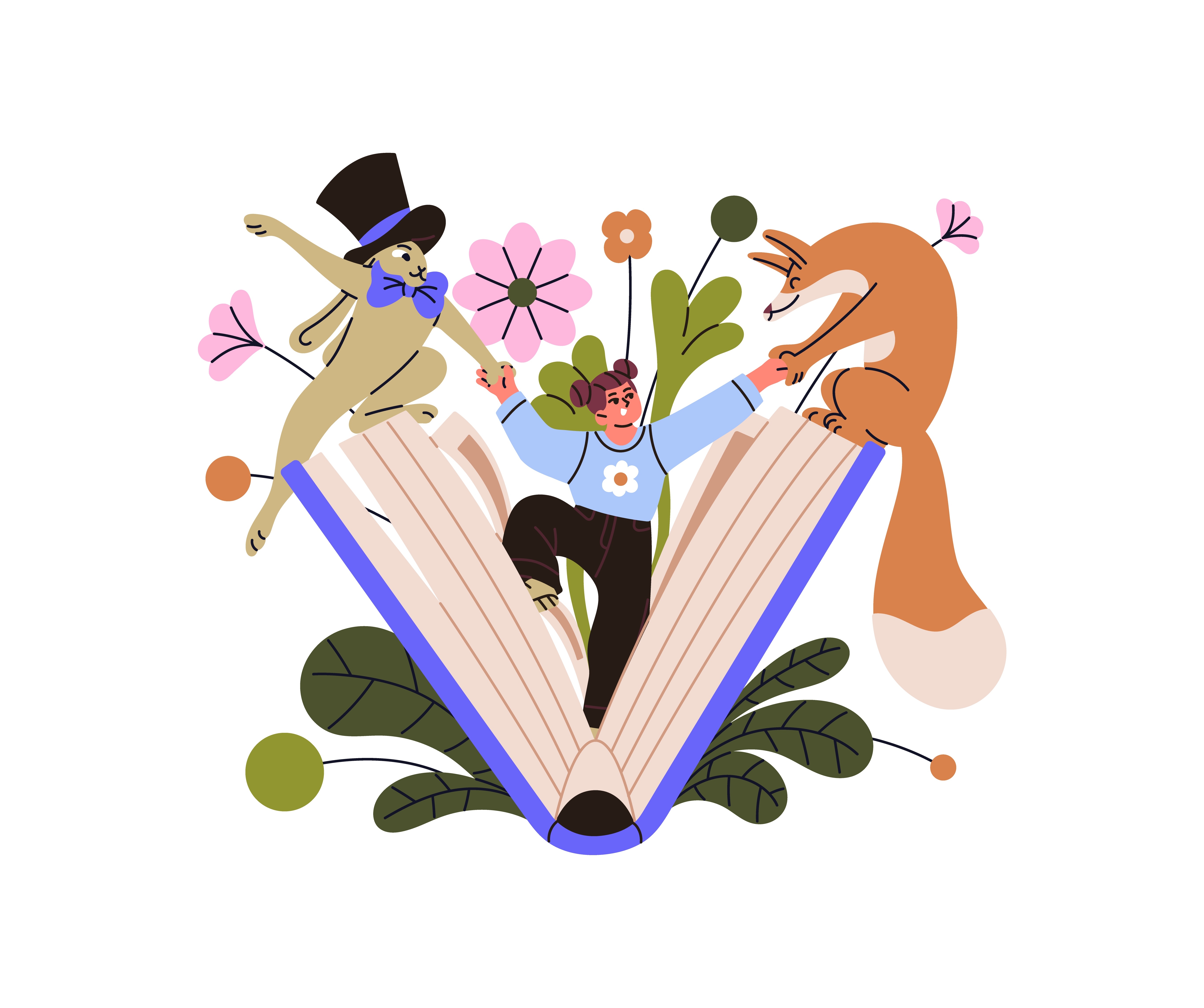 Happy little girl reads fairy tale. Cute kid plays with fairytale book characters. Child has fun by story. Concept of kind childish literature. Flat isolated vector illustration on white background Happy little girl reads fairy tale. Cute kid plays with fairytale book characters. Child has fun by story. Concept of kind childish literature. Flat isolated vector illustration on white background
