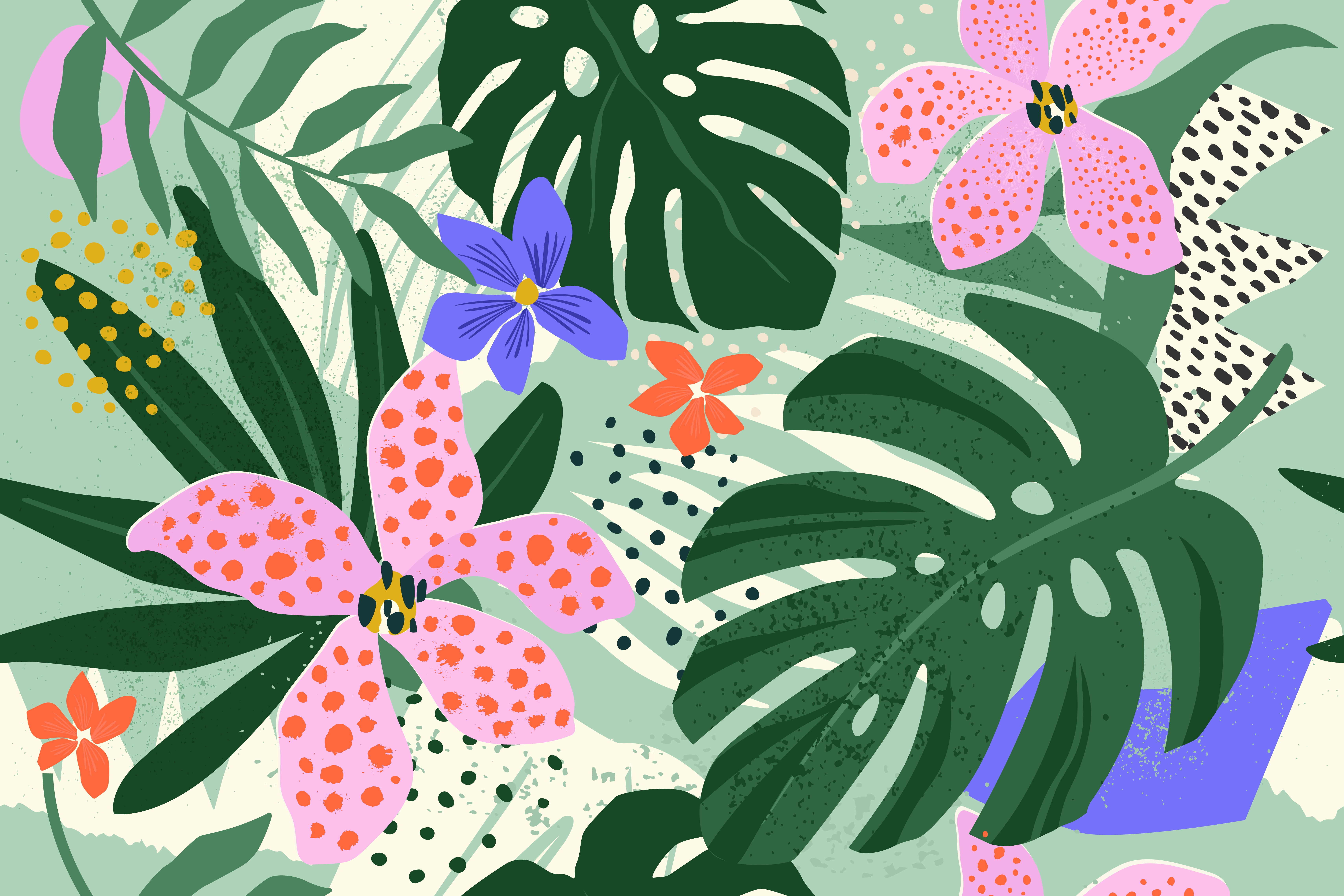 Collage contemporary floral seamless pattern. Modern exotic jungle fruits and plants illustration in vector. Collage contemporary floral seamless pattern. Modern exotic jungle fruits and plants illustration in vector.