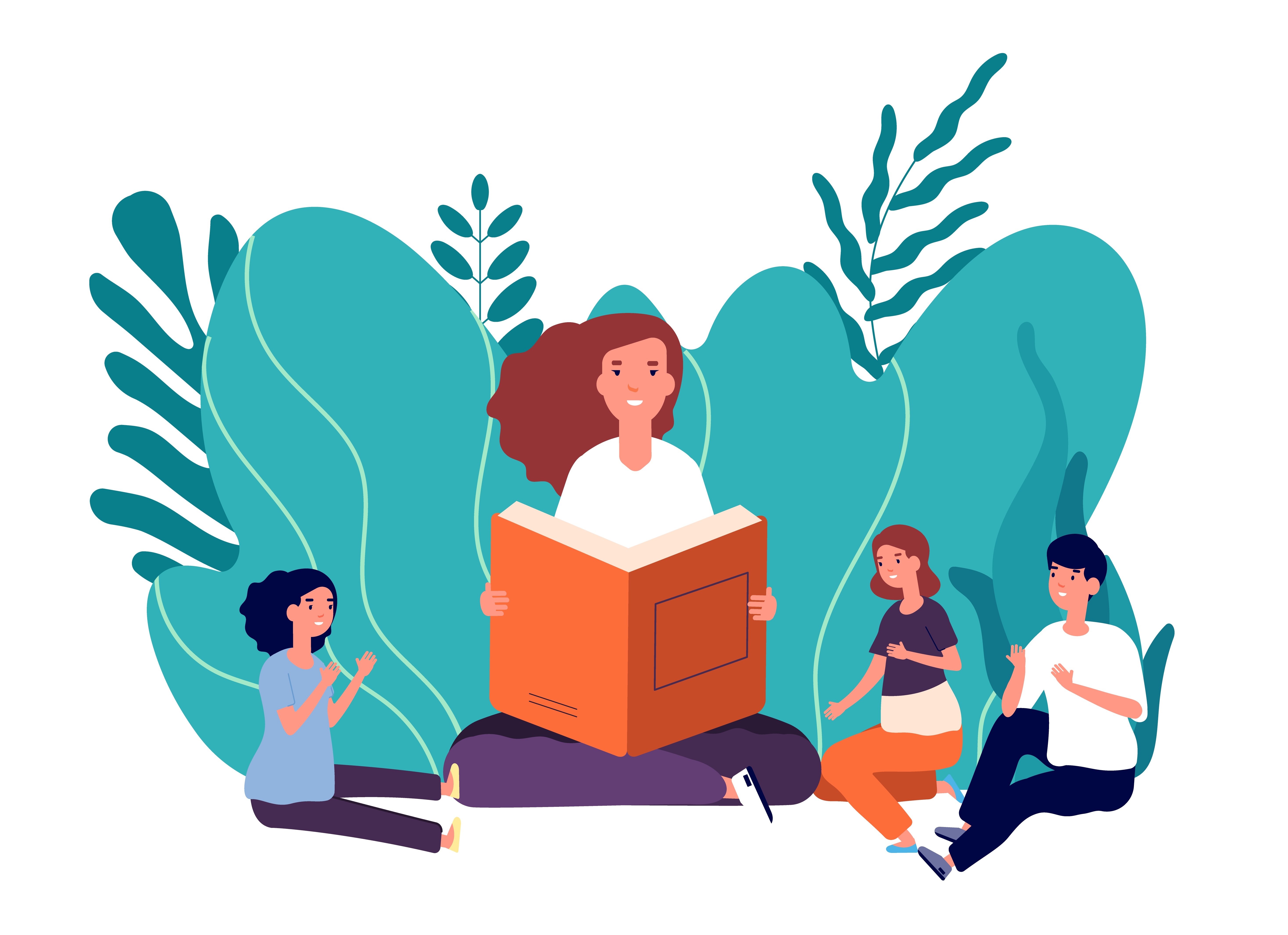 Mother reading book. Smiling woman tells fairytale their cute children. Girl with books sitting with kids vector illustration