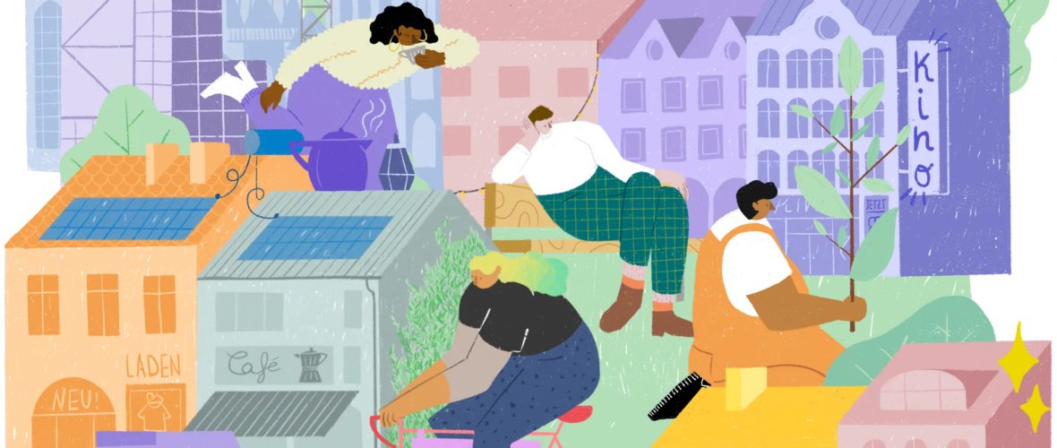 Bunte Illustration mit Personen und Häusern