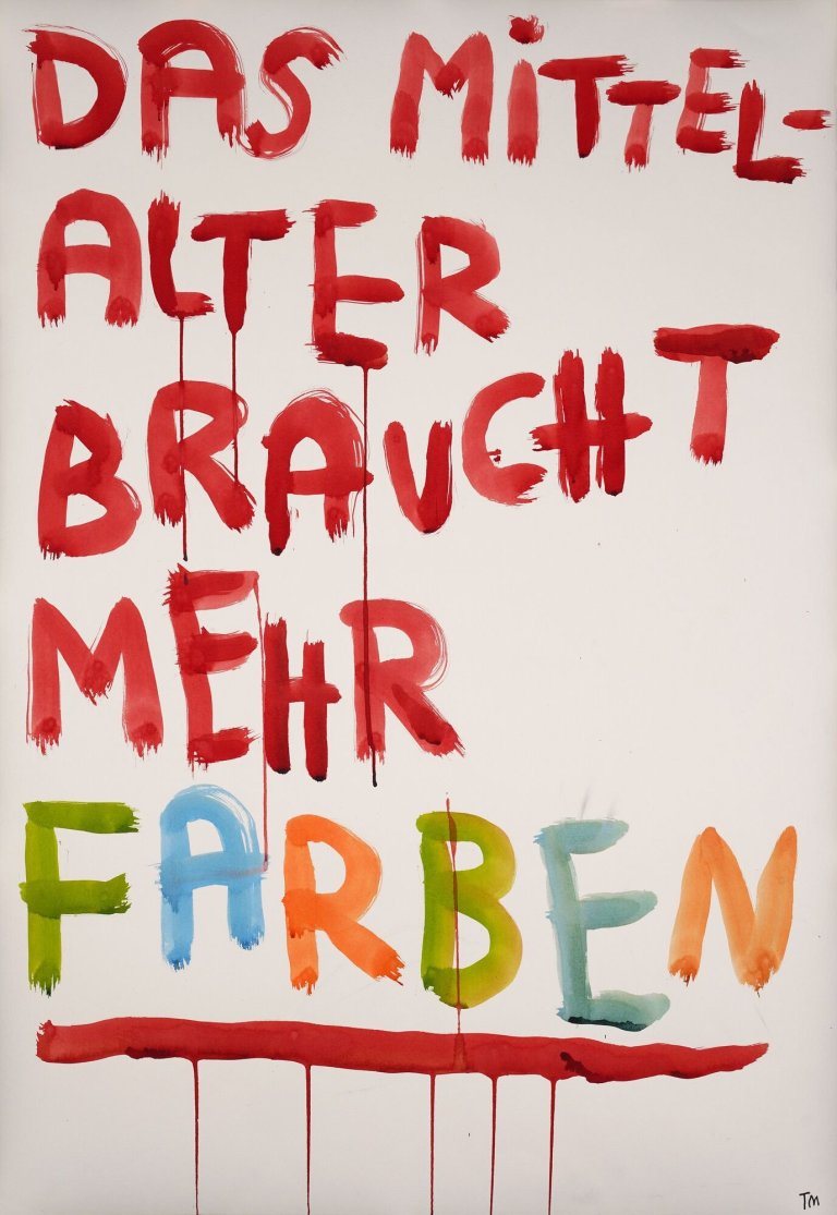 Tosh Maurer, Das Mittelalter braucht mehr Farben, 2024, Tusche auf Papierr, aus der Serie: Das Mittelalter war so mittel, Alter