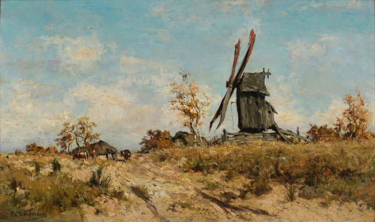 lsidore Verheyden (1846 – 1905), Landweg mit Mühle bei Knokke, Öl auf Leinwand