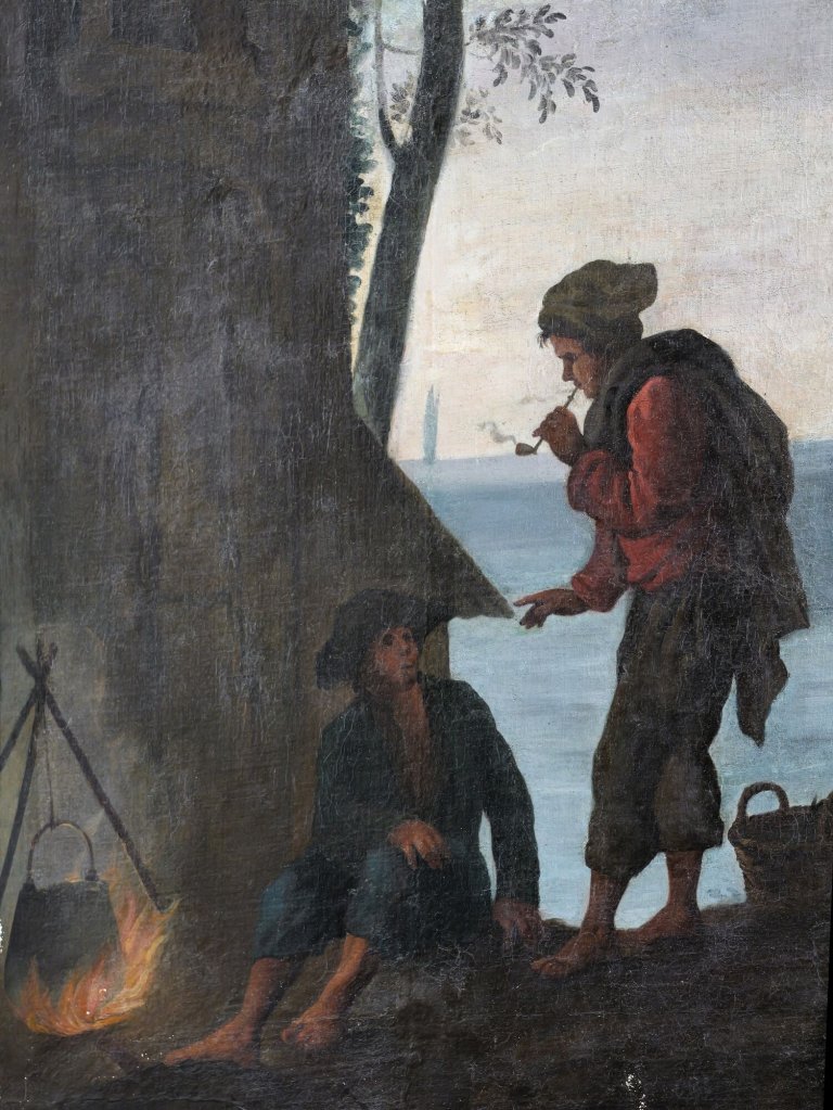 Tapetenmalerei Detailansicht eines Kessels auf einer Feuerstelle,  Ende 18. Jh., Öl auf Leinen, Festsaal