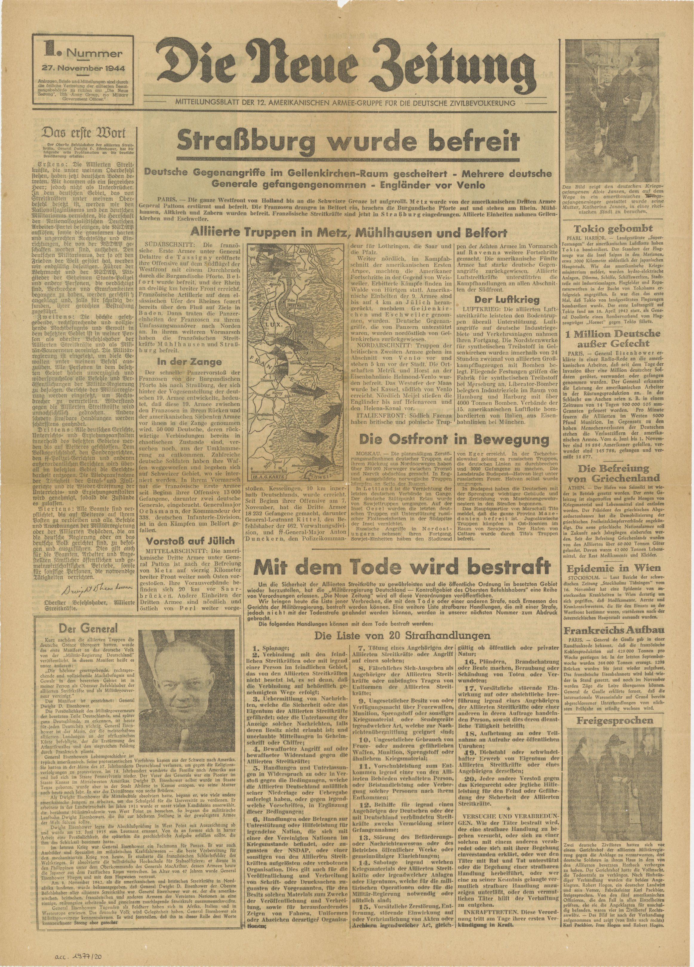 zeigt die Vorderseite der ersten Ausgabe der „Neuen Zeitung“ vom 27. November 1944