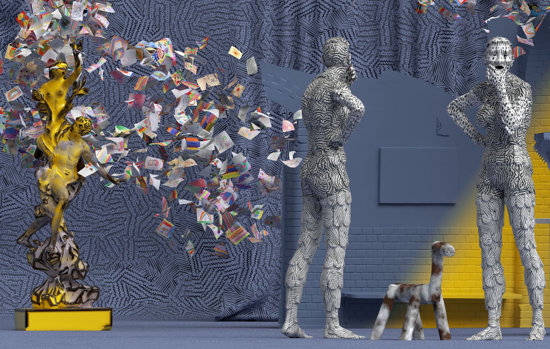 Ein Kunstwerk mit zwei menschlichen Schwarz-Weiß-Figuren, bunten, in der Luft schwebenden Papierblättern und einer gelben Statue aus zwei Figuren vor einem blau-grauen Hintergrund mit optischen Mustern.