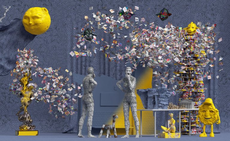 Ein Kunstwerk mit stehenden Papierfiguren in der Mitte, einem gelben Mond und weiteren abstrakten Konstruktionen vor einem blau-grauen Hintergrund.
