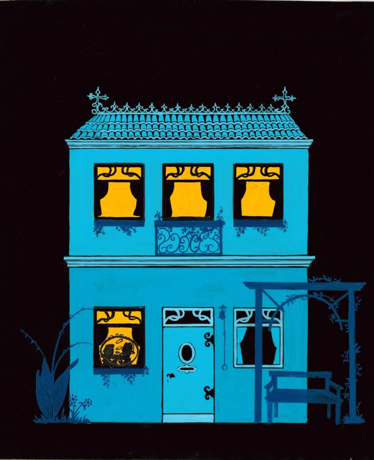 Eine Skizze eines blauen Hauses.