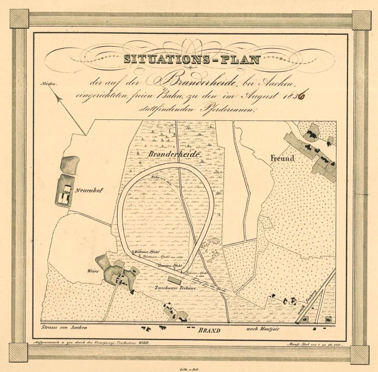 Ein handgezeichneter Lageplan einer Pferde-Rennstrecke auf der Branderheide in Aachen.