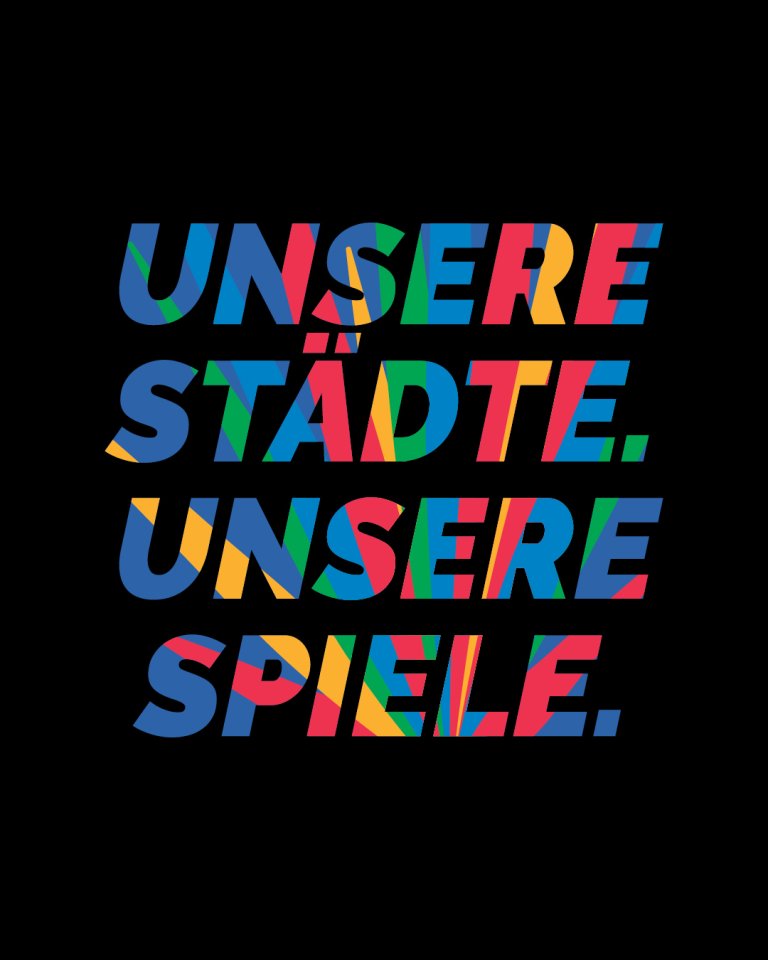 Bunte Schrift auf schwarzem Hintergrund: Unsere Städte. Unsere Spiele.