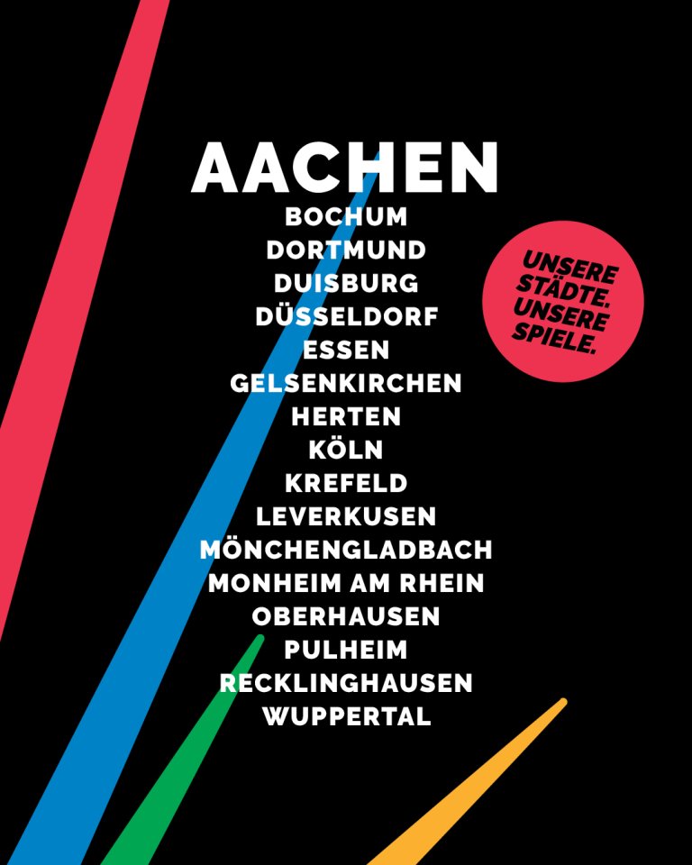 Schwarzer Hintergrund mit bunten Zacken. Im Vordergrund weiße Schrift: Eine Liste von Städten in NRW mit Aachen hervorgehoben.