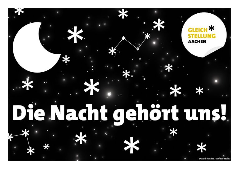 Eine schwarze Postkarte mit weißen Sternen und einem Mond. Die Aufschrift lautet: Die Nacht gehört uns!