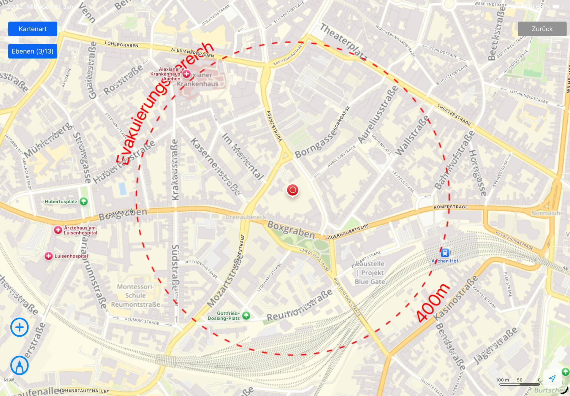 Eine Karte mit einem Gebiet in der Stadt Aachen