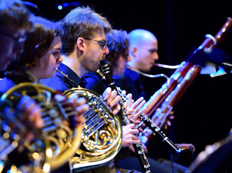 Mitglieder eines Orchesters sitzen hintereinanderund spielen Horn, Posaune und Klarinette