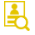 Icon "Aktuelle Stellenangebote": Ein gelbes Blatt mit dem Umriss einer Person drauf. Vor dem Blatt schwebt eine Lupe.